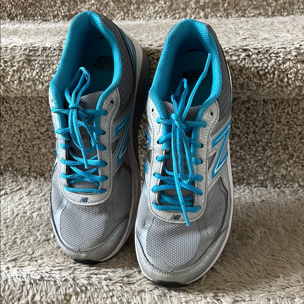 New Balance Gray and Blue Athletic Shoes with Teal Accents